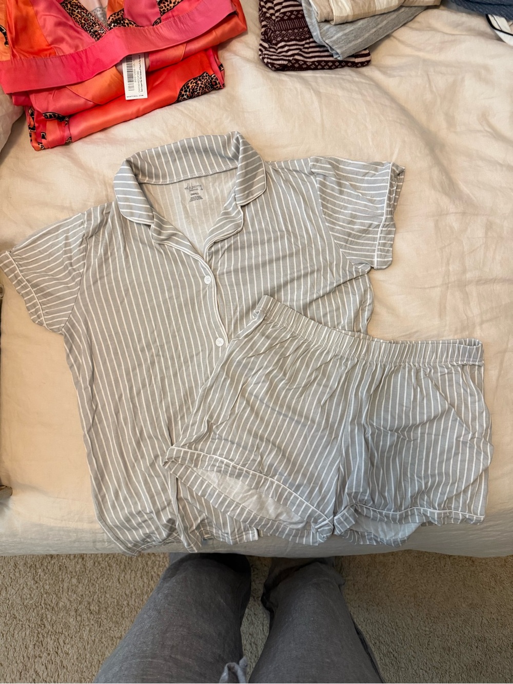 Striped Short-Sleeve Pajama Set - Light Gray
